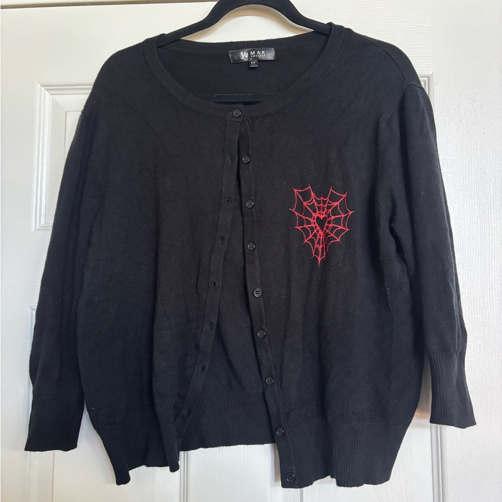 Black Cardigan with Red Spider Web Design